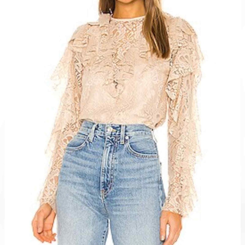 Divine Heritage Keyhole Back Ruffle Blouse Cream‎ Beige Small Going Out Romantic